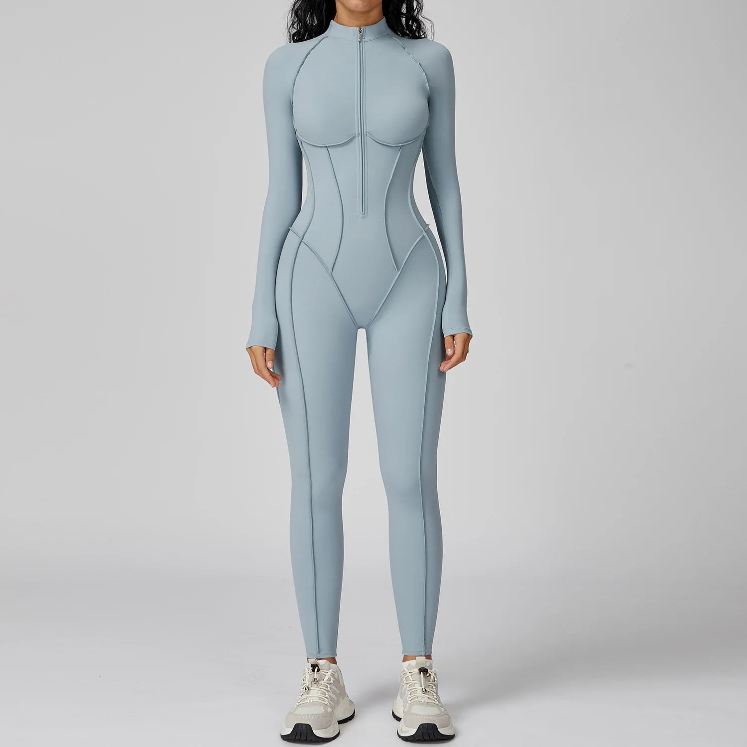 Yoga Bodysuit Long Sleeve Zipper Jumpsuit Gym Fitness Tights