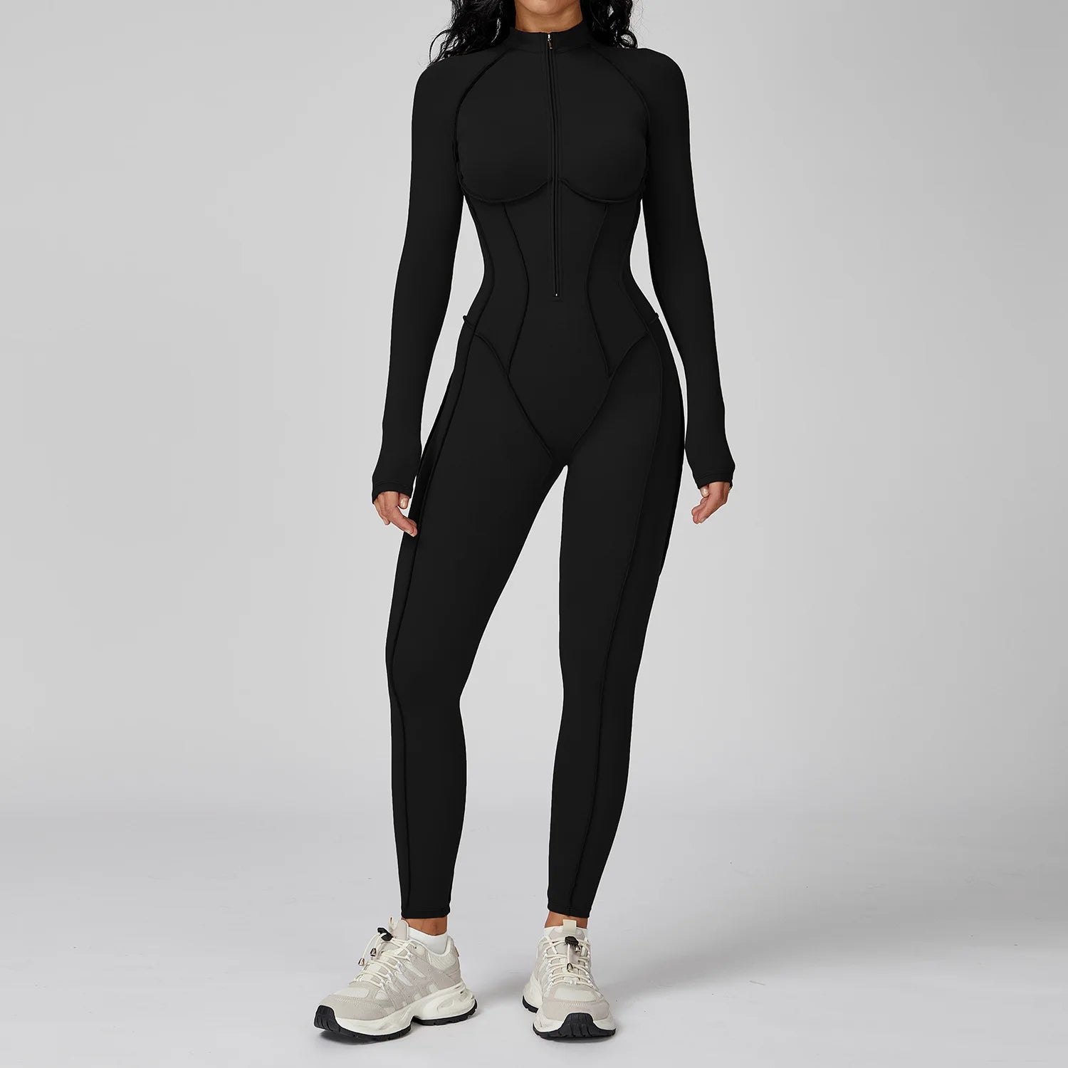 Yoga Bodysuit Long Sleeve Zipper Jumpsuit Gym Fitness Tights